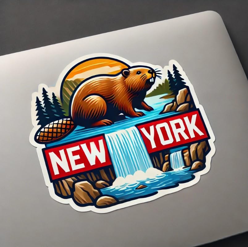 Vinyl sticker: North American Beaver Waterfall Scene Sticker Decal for Laptop, Wall, Car, Window, Waterproof Bumper Auto Truck Water Bottle