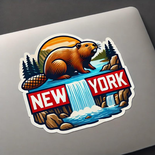 Vinyl sticker: North American Beaver Waterfall Scene Sticker Decal for Laptop, Wall, Car, Window, Waterproof Bumper Auto Truck Water Bottle