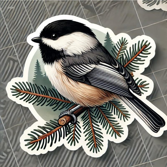 Vinyl sticker: Black-Capped Chickadee Laptop Wall Car Window Bumper Sticker Decal Truck Waterproof Auto Water Bottle Maine Bird Pine Branch (6)