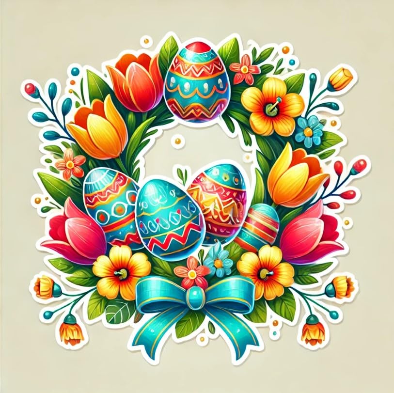 Vinyl sticker: Bright Easter Wreath Laptop Wall Car Window Bumper Sticker Decal Truck Waterproof Auto Water Bottle – Vibrant Floral & Festive Egg Arrangement