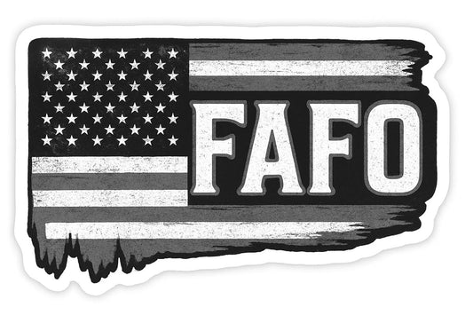 Vinyl sticker: FAFO Black and White American Flag Sticker – Horizontal Distressed Flag with FAFO Text – Vinyl Decal for Laptop, Wall, Car, Window, Bumper, Truck, Auto, Water Bottle – Variation 27