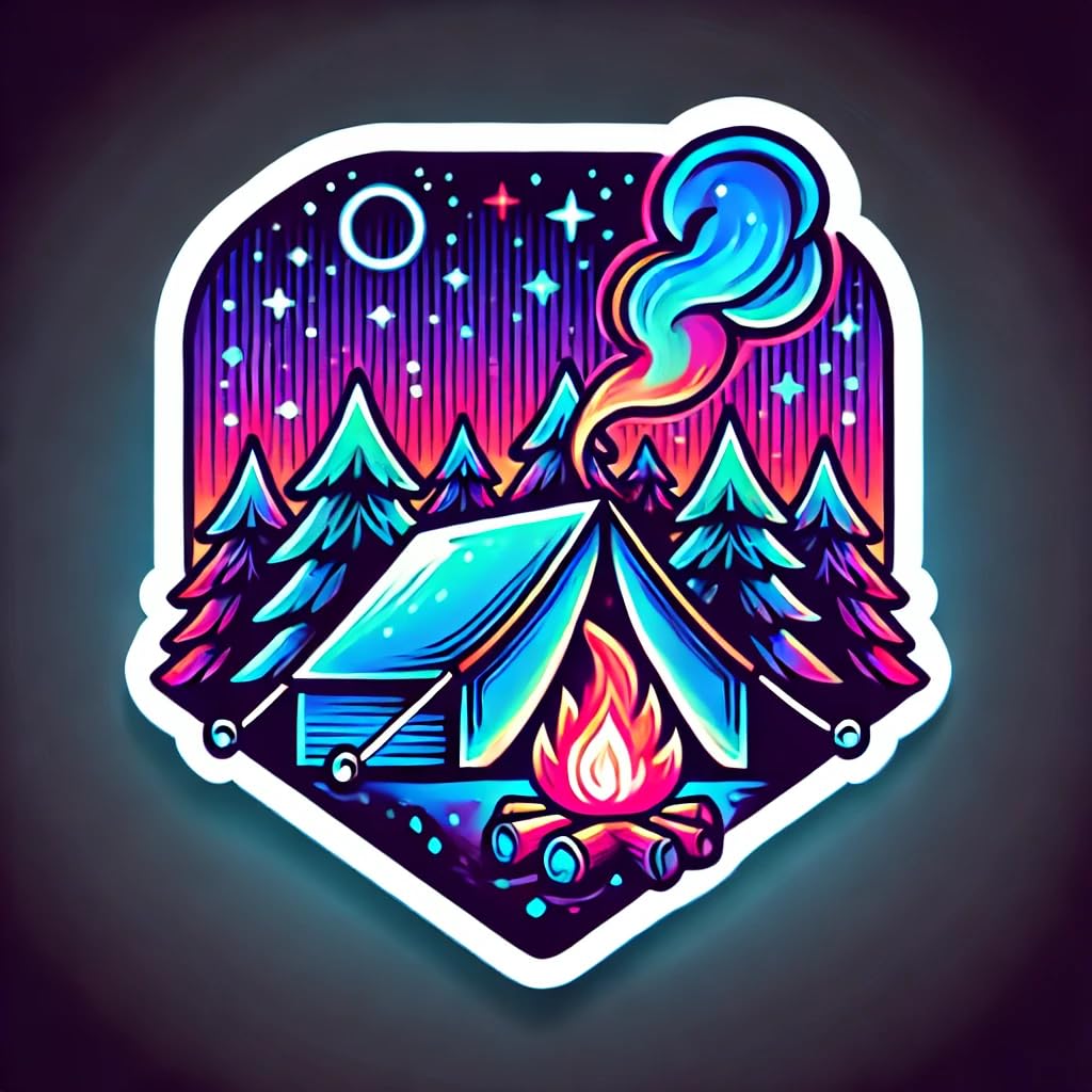 Vinyl sticker: Neon Glow Style Camping Sticker for Laptop, Wall, Car, Window, Bumper, Decal for Truck, Waterproof Auto Sticker for Water Bottle, Durable Vinyl
