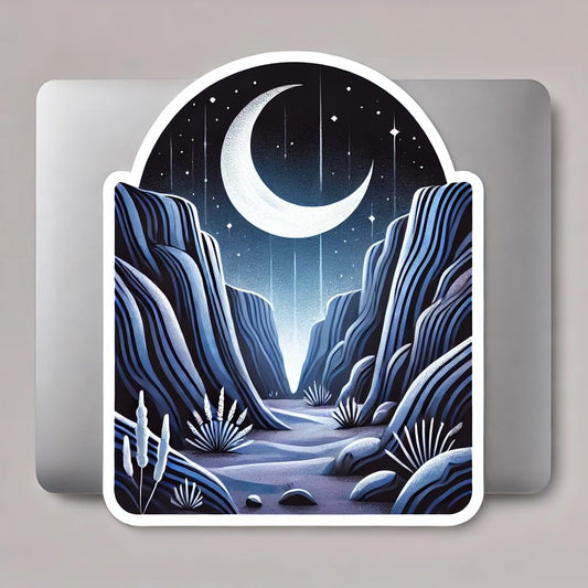 Vinyl sticker: Dreamy Canyon Moonlight Sticker for Laptop Wall Car Window Bumper – Peaceful Night Landscape Art for Truck, Water Bottle, Auto