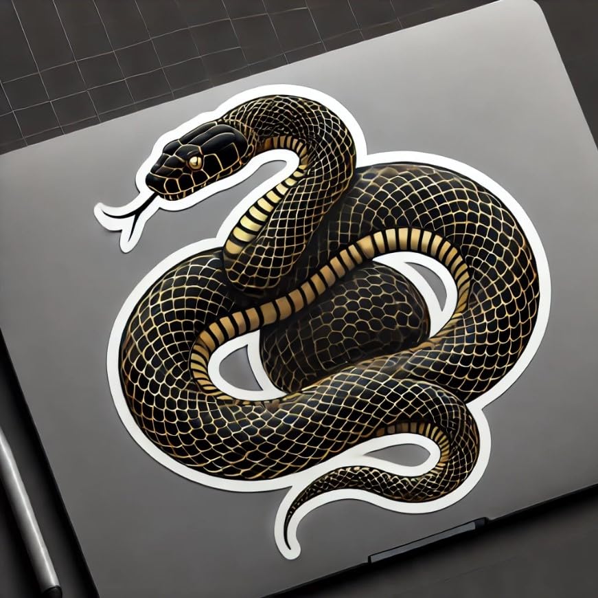 Vinyl sticker: Black-and-Gold Snake Sticker for Laptop, Wall, Car, Window, Bumper, Decal, Waterproof Truck, Auto, Water Bottle