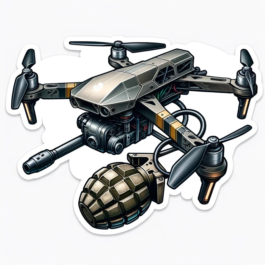 Vinyl sticker: Classic FPV Military Drone with Small Grenade Decal Sticker for Car, Laptop, Wall, Window, Bumper, Truck, Waterproof Auto, Water Bottle. This Sticker Features a Classic FPV Military Drone.