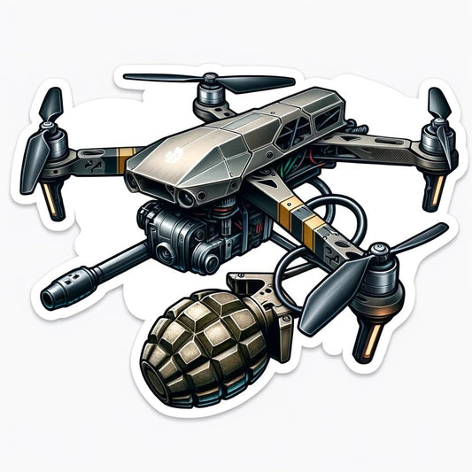 Vinyl sticker: Classic FPV Military Drone with Small Grenade Decal Sticker for Car, Laptop, Wall, Window, Bumper, Truck, Waterproof Auto, Water Bottle. This Sticker Features a Classic FPV Military Drone.