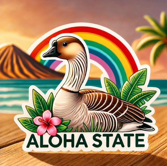 Vinyl sticker: Laptop Wall Car Window Bumper Sticker Decal Waterproof Truck Auto Water Bottle – Hawaiian Goose Nene by Aloha State Sign with Rainbow and Tropical Scenery Wildlife Pride Art