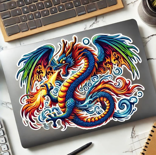 Vinyl sticker: Dragon Car, Laptop, Wall, Window, Bumper Sticker – Colorful Dragon with Flames and Glowing Eyes, Waterproof Decal for Auto, Water Bottles, and Trucks