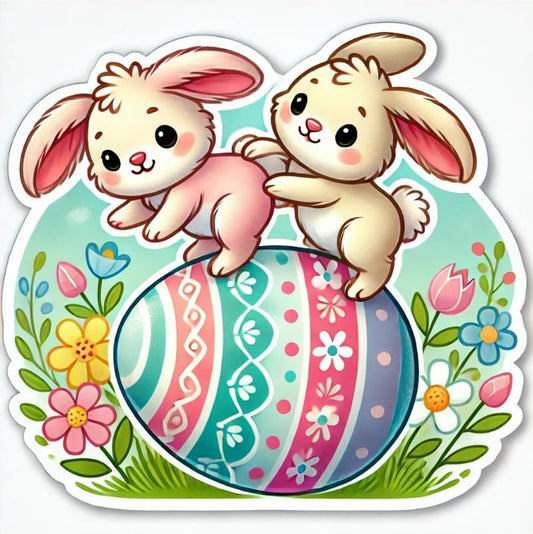 Vinyl sticker: Easter Bunnies Balancing on Egg Sticker for Laptop, Wall, Car, Window, Bumper, Decal, Truck, Waterproof, Auto, Water Bottle – Playful Rabbits on Decorated Egg