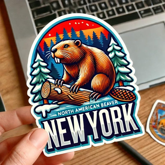 Vinyl sticker: North American Beaver Snowy Forest Sticker Decal for Laptop, Wall, Car, Window, Waterproof Bumper Auto Truck Water Bottle