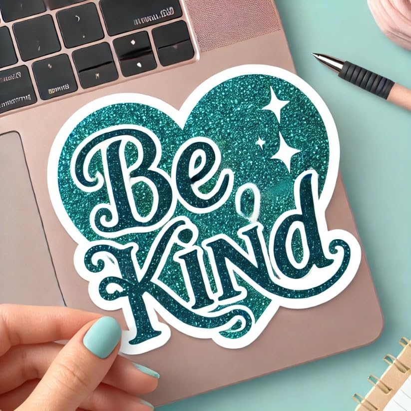 Vinyl sticker: "Be Kind" Teal Glitter Heart Sticker Decal for Laptop, Wall, Car, Window, Bumper, Truck, Waterproof Auto, and Water Bottle – Motivational Mental Health Awareness Design