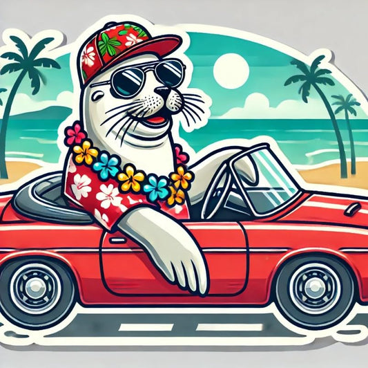 Vinyl sticker: Waterproof Car Window Laptop Wall Bumper Sticker Decal of Hawaiian Monk Seal Driving Convertible with Sunglasses on Coastal Palm Road