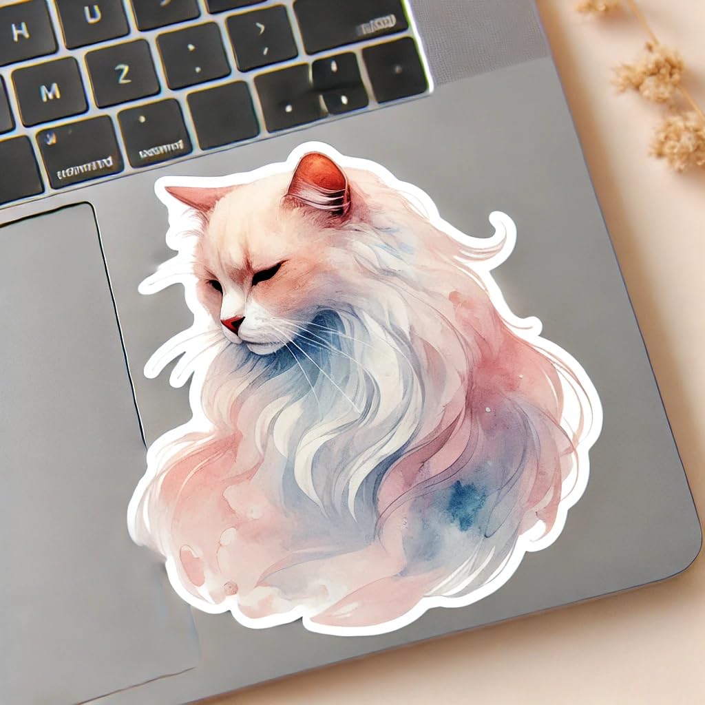 Vinyl sticker: Laptop Wall Car Window Bumper Sticker Decal Truck Waterproof Auto Water Bottle – Watercolor Cat with Soft Pastel Tones and Gentle Brushstrokes Design