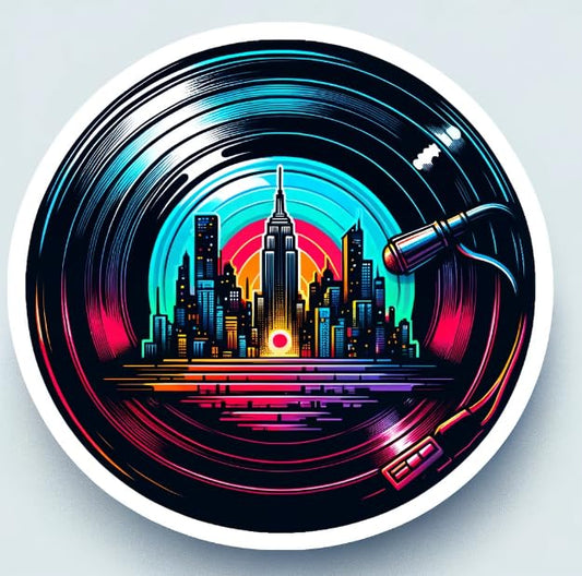 Vinyl sticker: NYC Vinyl Record Cityscape Sticker - Neon Retro Music Decal for Laptops, Cars, and Music Lovers (6)