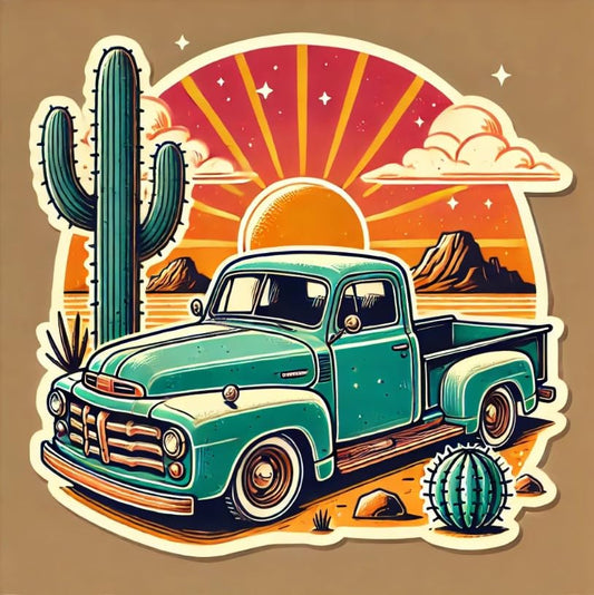 Vinyl sticker: Retro Truck and Cactus Sticker for Laptop, Wall, Car, Window, Bumper, Waterproof Decal for Truck, Water Bottle, Auto, and Desert Decor.