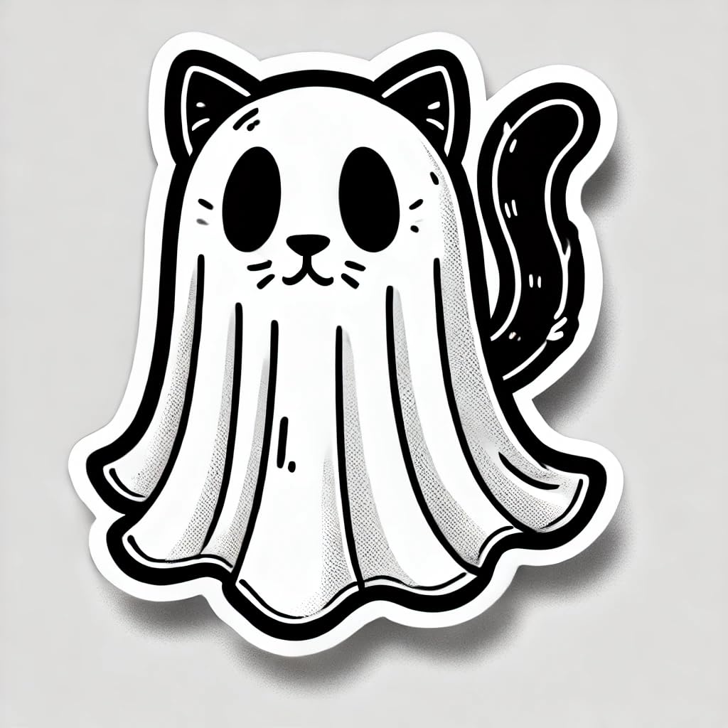 Vinyl sticker: Minimalist Ghost Cat Sticker - Cute Black Cat in White Sheet, Bold Outlines, Halloween Decoration (6)