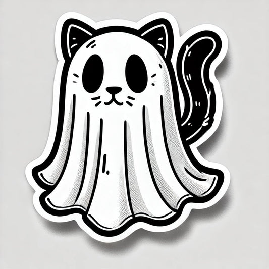 Vinyl sticker: Minimalist Ghost Cat Sticker - Cute Black Cat in White Sheet, Bold Outlines, Halloween Decoration (6)
