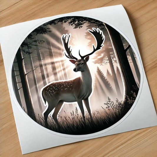 Vinyl sticker: White-Tailed Deer Misty Forest Vinyl Sticker for Laptop, Wall, Car, Window, Bumper, Truck, Waterproof Auto, Water Bottle. Variation 13