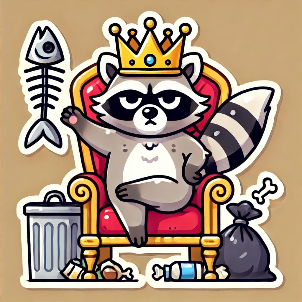 Vinyl sticker: Laptop Wall Car Window Bumper Sticker Decal Truck Waterproof Auto Water Bottle Trash Panda Raccoon King on Garbage Throne with Crown and Fish Bone Scepter