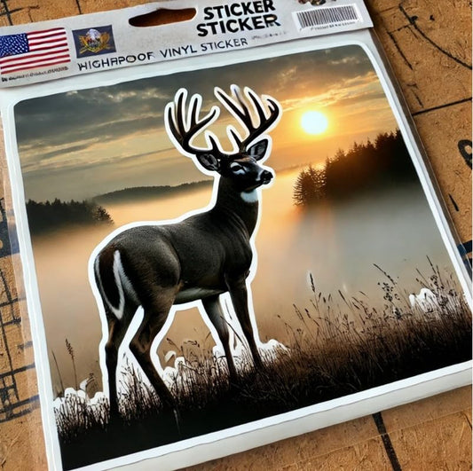 Vinyl sticker: Foggy Sunrise White-Tailed Deer Vinyl Sticker for Laptop, Wall, Car, Window, Bumper, Decal, Truck, Waterproof, Auto, Water Bottle