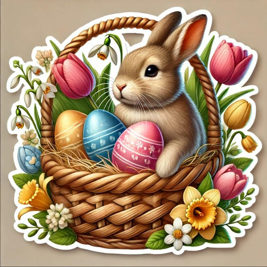 Vinyl sticker: Easter Basket with Realistic Rabbit Laptop Wall Car Window Bumper Sticker Decal Truck Waterproof Auto Water Bottle – Fluffy Bunny & Daisies with Decorative Eggs