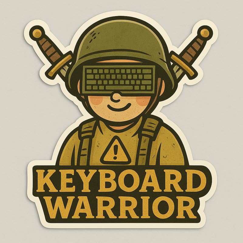 Vinyl sticker: Keyboard Warrior Laptop Wall Car Window Bumper Sticker Decal Truck Waterproof Auto Water Bottle Cute Cartoon Emblem with Vintage Soldier Helmet Keyboard Visor and Bold Text