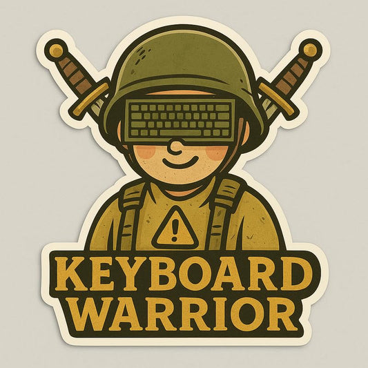 Vinyl sticker: Keyboard Warrior Laptop Wall Car Window Bumper Sticker Decal Truck Waterproof Auto Water Bottle Cute Cartoon Emblem with Vintage Soldier Helmet Keyboard Visor and Bold Text
