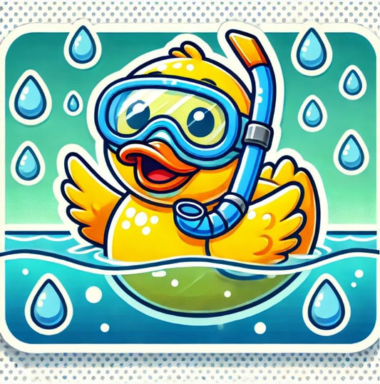 Vinyl sticker: Waterproof Car Laptop Wall Window Bumper Sticker Decal of Snorkeling Rubber Duck in Pond with Raindrops and Colorful Splash Cartoon (6)