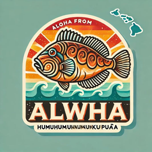 Vinyl sticker: Laptop Wall Car Window Bumper Sticker Decal Truck Waterproof Auto Water Bottle – Retro Hawaii Triggerfish Poster Design with Aloha Message and Sunset Waves (4)