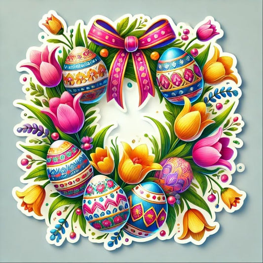 Vinyl sticker: Bright Easter Wreath Laptop Wall Car Window Bumper Sticker Decal Truck Waterproof Auto Water Bottle – Colorful Tulips & Spring Ribbon
