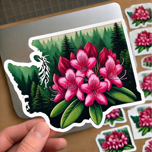 Vinyl sticker: Bigleaf Rhododendron Washington State Pink Blossom Laptop Wall Car Window Bumper Sticker Decal Waterproof Auto Water Bottle Scenic Evergreen Design (6)