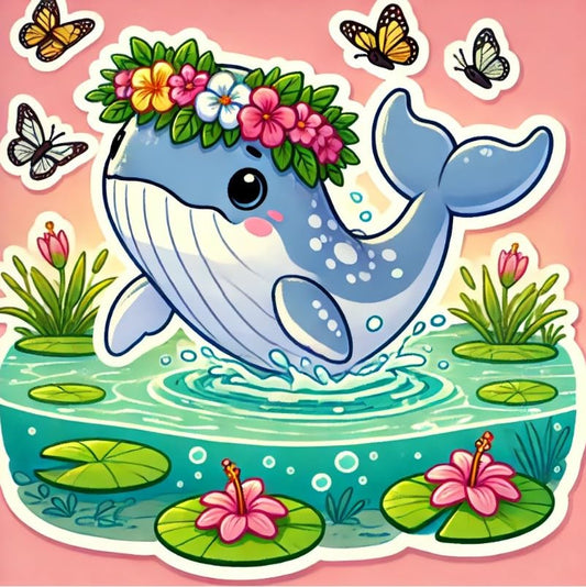 Vinyl sticker: Waterproof Car Laptop Wall Window Bumper Sticker Decal of Baby Humpback Whale with Flower Crown Playing in Lagoon with Butterflies and Lily Pads
