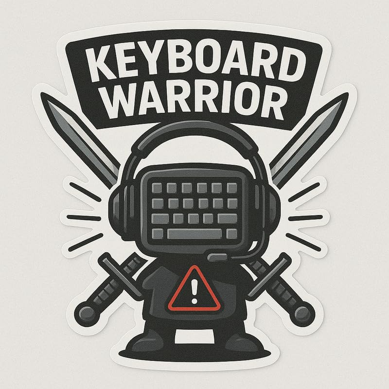 Vinyl sticker: Keyboard Warrior Laptop Wall Car Window Bumper Sticker Decal Truck Waterproof Auto Water Bottle Cyber Operator Emblem with Headset, Swords, Alert Icon and Tactical Design