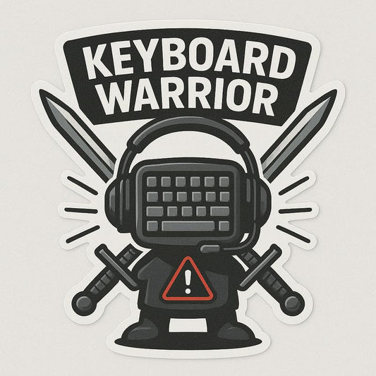 Vinyl sticker: Keyboard Warrior Laptop Wall Car Window Bumper Sticker Decal Truck Waterproof Auto Water Bottle Cyber Operator Emblem with Headset, Swords, Alert Icon and Tactical Design
