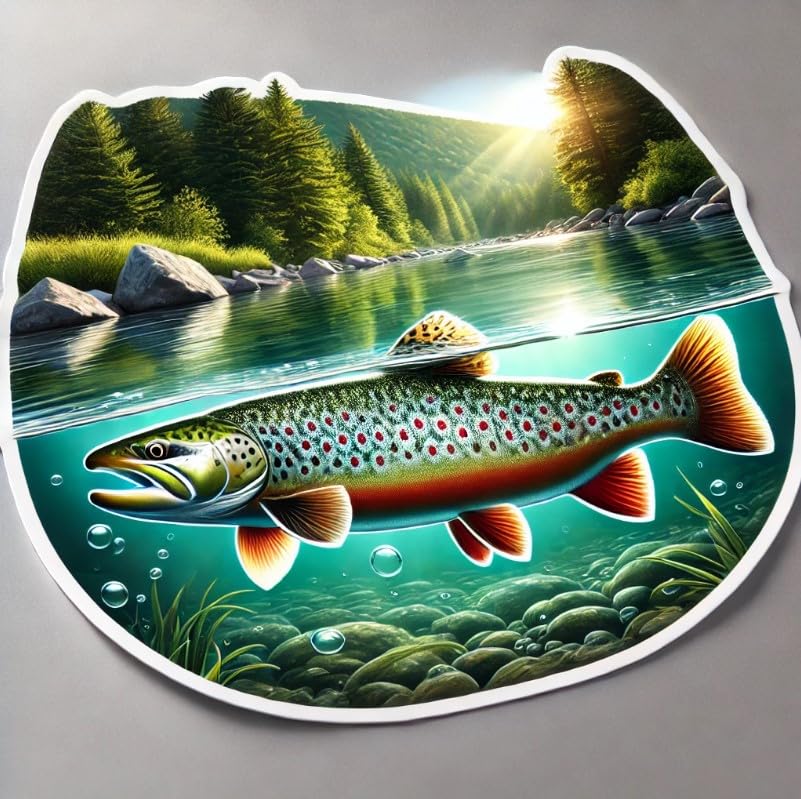 Vinyl sticker: Brook Trout Mountain Stream Vinyl Sticker for Laptop, Wall, Car, Window, Bumper, Decal, Truck, Waterproof, Auto, Water Bottle