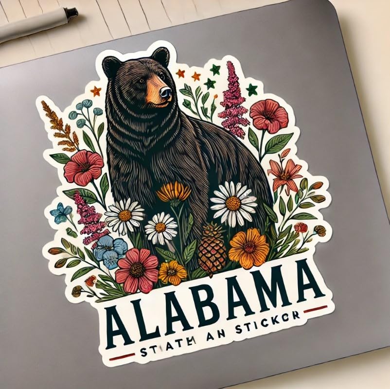 Vinyl sticker: Floral Alabama Black Bear Wall, Car, Window, Bumper Sticker – Wildflower Art Design for Laptops and Water Bottles
