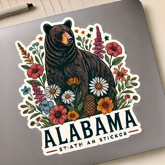Vinyl sticker: Floral Alabama Black Bear Wall, Car, Window, Bumper Sticker – Wildflower Art Design for Laptops and Water Bottles