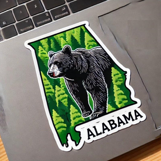 Vinyl sticker: Black Bear Alabama State Symbol Forest Wildlife Laptop Wall Car Window Bumper Sticker Decal Waterproof Auto Water Bottle Scenic Design