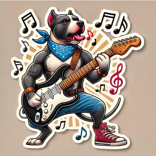Vinyl sticker: Detailed Pitbull Playing Electric Guitar Sticker - Realistic, Fun Design for Laptop, Wall, Car, Window, Bumper, Waterproof Decal for Auto and Water Bottle