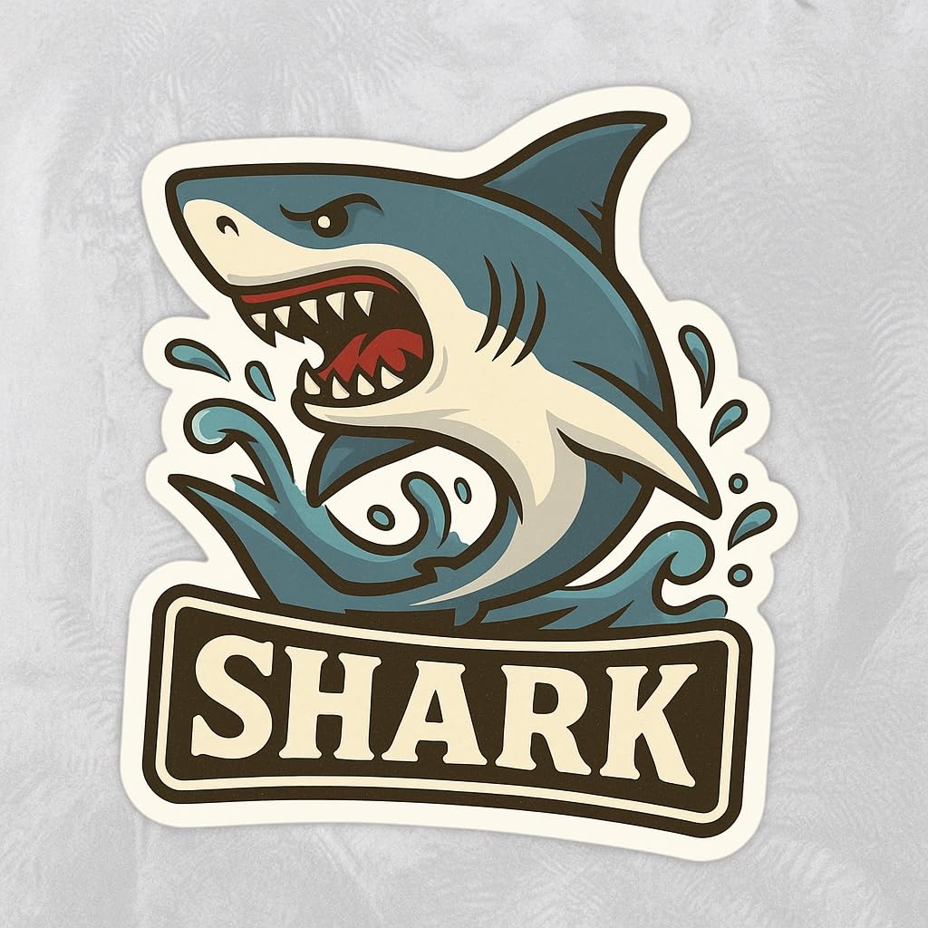 Vinyl sticker: Laptop Wall Car Window Bumper Sticker Decal Truck Waterproof Auto Water Bottle Angry Shark Splashing Retro Marine Wild Ocean Predator Design