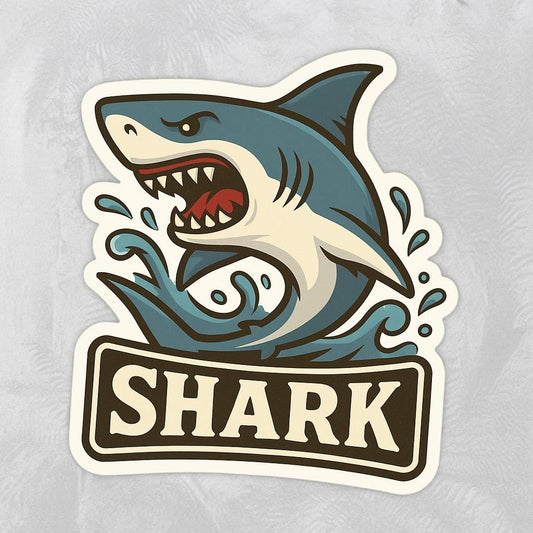 Vinyl sticker: Laptop Wall Car Window Bumper Sticker Decal Truck Waterproof Auto Water Bottle Angry Shark Splashing Retro Marine Wild Ocean Predator Design