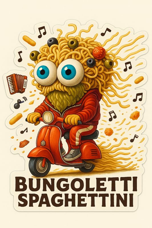 Vinyl sticker: Laptop Wall Car Window Bumper Sticker Decal Truck Waterproof Auto Water Bottle BUNGOLETTI SPAGHETTINI Funny Spaghetti Head Character on Scooter with Olives Tracksuit and Musical Chaos