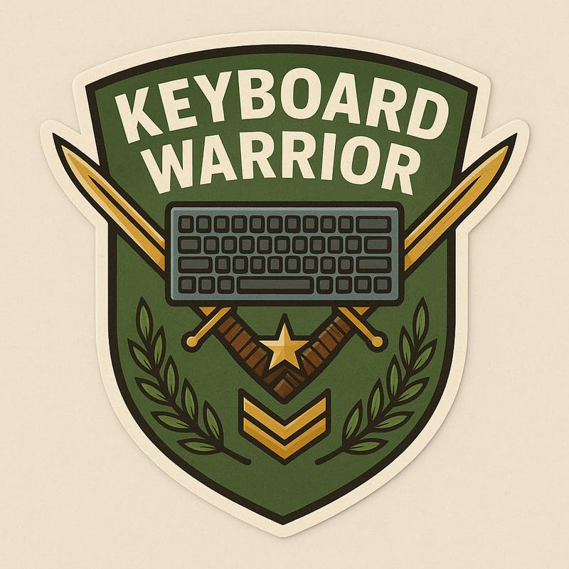 Vinyl sticker: Keyboard Warrior Laptop Wall Car Window Bumper Sticker Decal Truck Waterproof Auto Water Bottle Olive Shield Emblem with Keyboard Dual Swords Star Laurel and Command Stripes