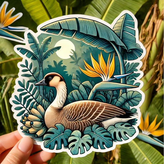 Vinyl sticker: Laptop Wall Car Window Bumper Sticker Decal Waterproof Truck Auto Water Bottle – Hawaiian Goose Nene Resting Under Banana Tree with Tropical Plants and Botanical Wildlife Art (6)