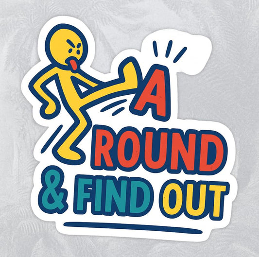 Vinyl sticker: Kicking Letter Around & FIND Out Sticker – Funny Cartoon Vinyl Decal with Angry Stick Figure for Laptop, Car, Wall, Bumper, Water Bottle – Bold Color Joke Graphic – Variation 4
