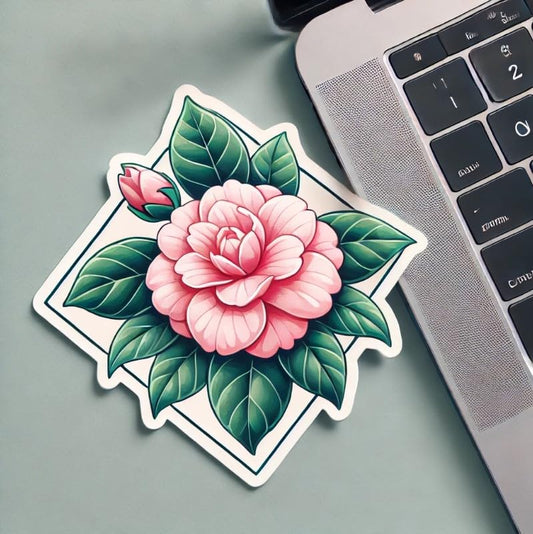 Vinyl sticker: Diamond-Shaped Japanese Camellia Sticker for Laptop, Wall, Car Window, Bumper, Decal, Truck, Waterproof, Auto, Water Bottle, Modern Floral Design