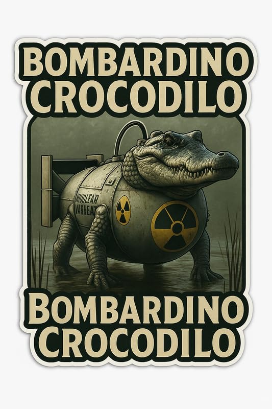 Vinyl sticker: Waterproof Bombardino Crocodilo Sticker for Laptop Wall Car Window Bumper Decal Truck Auto Water Bottle – Swamp Nuclear Crocodile Monster with Double Logo Frame 4in