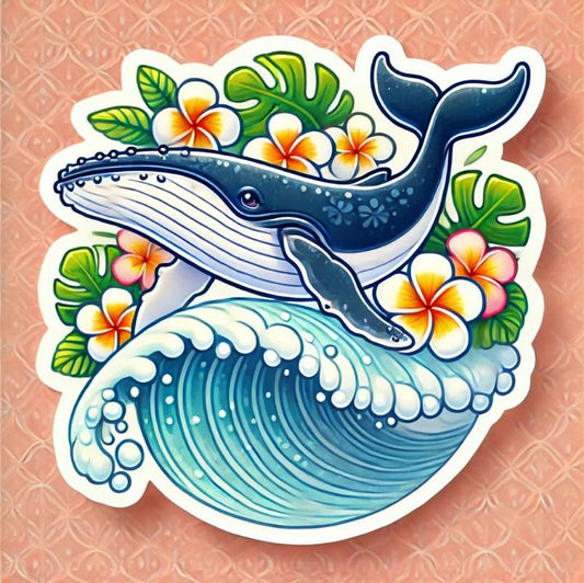 Vinyl sticker: Waterproof Laptop Wall Car Window Bumper Sticker Decal of Humpback Whale Swimming Through Wave with Plumeria Flowers and Tropical Leaves