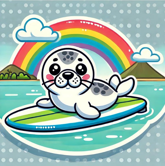 Vinyl sticker: Waterproof Laptop Car Window Wall Bumper Sticker Decal of Hawaiian Monk Seal Floating on Surfboard with Rainbow Over Tropical Sea (4)