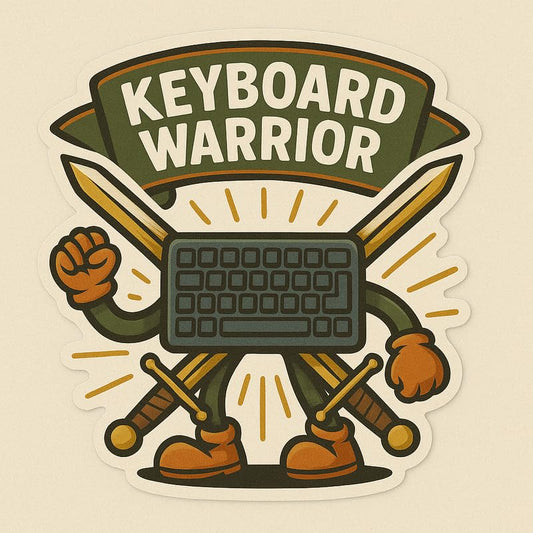 Vinyl sticker: Keyboard Warrior Laptop Wall Car Window Bumper Sticker Decal Truck Waterproof Auto Water Bottle Funny Combat Mascot with Arms Swords and Cartoon Keyboard Body